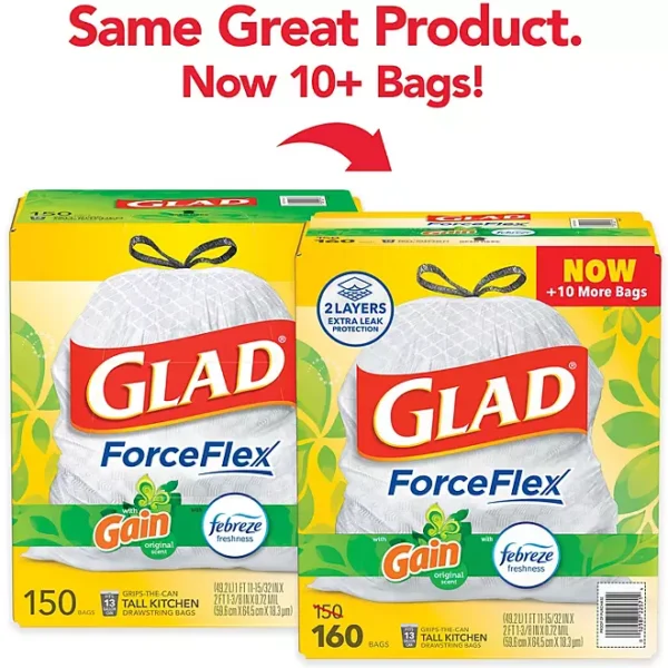 Glad ForceFlex 13-Gallon Kitchen Trash Bags, Gain Original Scent + Febreze, 160 ct.