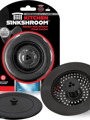 Kitchen SinkShroom Clog-Free Kitchen Sink Drain Strainer with Stopper - Sink Protector for Kitchen Sink, Stainless Steel, Matte Black