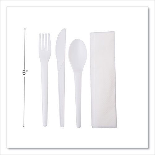 Plantware Compostable Cutlery Kit, Knife/Fork/Spoon/Napkin, 6", Pearl White, 250 Kits/Carton