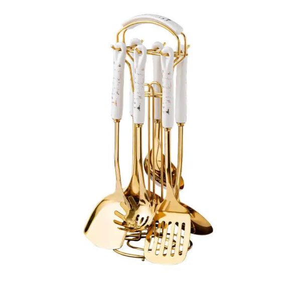 NNEDSZ White Gold Stainless Steel Kitchen Utensil Set - 7-Piece Golden Cooking Tools with Stand