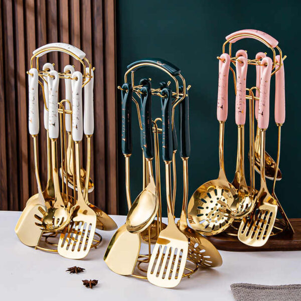 NNEDSZ White Gold Stainless Steel Kitchen Utensil Set - 7-Piece Golden Cooking Tools with Stand