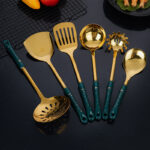NNEDSZ White Gold Stainless Steel Kitchen Utensil Set - 7-Piece Golden Cooking Tools with Stand