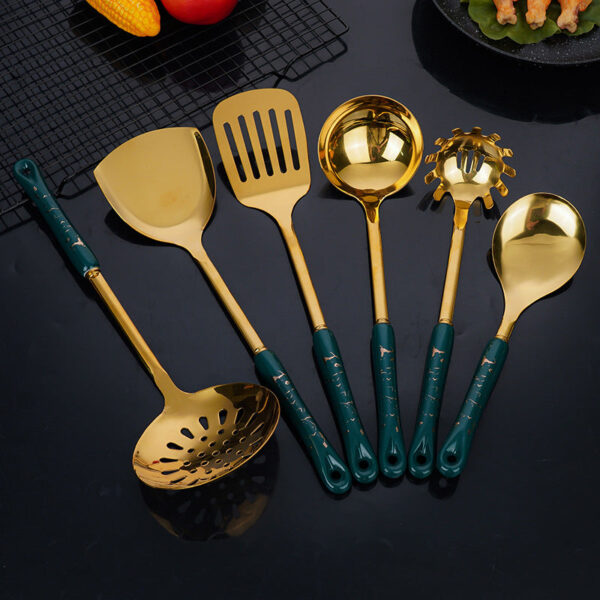 NNEDSZ White Gold Stainless Steel Kitchen Utensil Set - 7-Piece Golden Cooking Tools with Stand