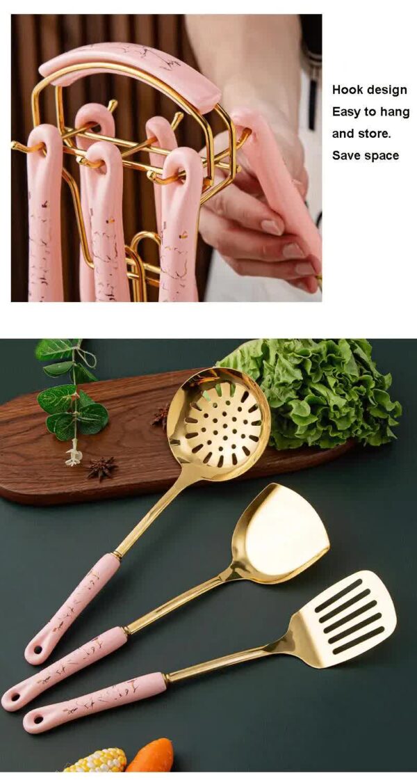 NNEDSZ White Gold Stainless Steel Kitchen Utensil Set - 7-Piece Golden Cooking Tools with Stand