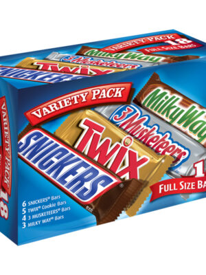 Mars Chocolate, Full Size Candy Bars Assorted Variety,(Milky Way, Twix, Snickers, 3 Musketeers), 33.31 Ounce, 18 Count